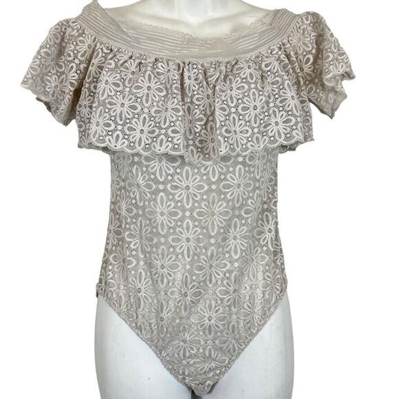 Victorias Secret Light Gray Lace Off The Shoulder Sheer Bodysuit Top Floral M - Picture 1 of 16